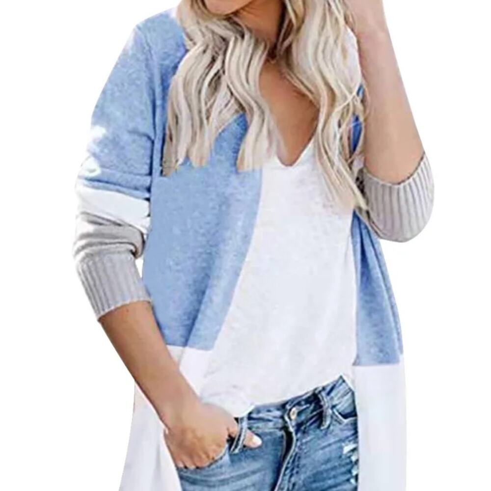 Women’s duster Size M Blue, cream, grey color blocking‎ cardigan.